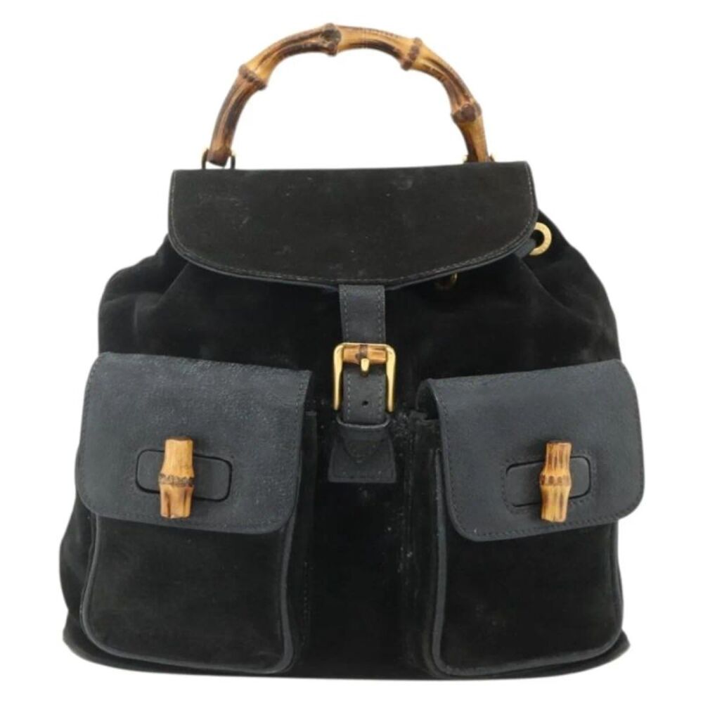 Gucci Vintage Bamboo Suede Black Suede Backpack Bag